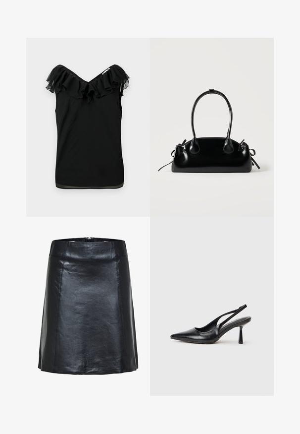 Zwarte mouwloze blouse voor dames met een off-shoulder volant halslijn en een transparante stofafwerking aan de randen, tegen een witte achtergrond.; Zwarte leren A-lijn rok met zichtbare stiksels en een lichte glans, met een hoge taille en een korte zoom.; Zwarte leren slingback hoge hak schoenen met puntige neus en slanke hak op een witte achtergrond.; Kleine zwarte glanzende handtas met twee lange hengsels en zijkant trekkoord details op een effen lichte achtergrond.