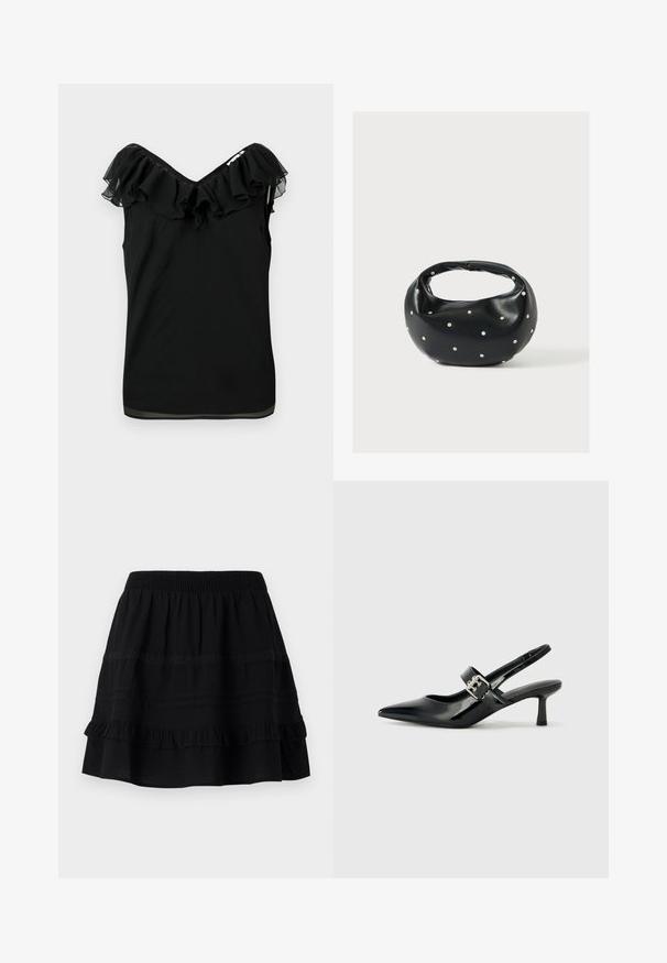 Blusa sin mangas negra para mujer con escote off-shoulder y detalle de volantes en el cuello, con tejido transparente en los bordes, sobre un fondo blanco.; Falda de algodón negra con un diseño de volantes en capas, que presenta una cintura elástica y adornos de costuras en contraste y bandas de encaje.; Zapatos de tacón en charol negro con tira al tobillo, punta afilada y un pequeño tacón bloque, que cuentan con un acento de hebilla plateada en la correa.; Bolso de mano de cuero negro con forma redondeada, decorado con detalles de tachuelas plateadas y un asa corta. Textura lisa y cierre con cremallera.