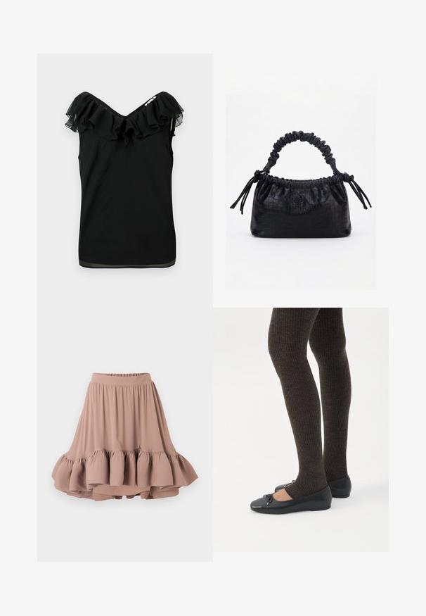 Sort ærmeløs bluse til kvinder med off-shoulder flæseudskæring og gennemsigtige stofdetaljer i kanten på en hvid baggrund.; Lys brun knælang nederdel lavet af blødt stof, med en bred talje og en flagrende, lagdelt volangkant. Glat tekstur hele vejen igennem.; Ben iført mørke ribbede leggings kombineret med sorte balletsko med små sløjfedetaljer på hvid baggrund.; Sort taske med krokodilletekstur, rynket øverste kant, samlet hank og snore med kvaster på hver side mod en hvid baggrund.
