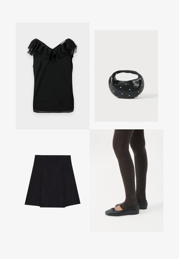 Blouse noire sans manches pour femmes avec encolure à volants décolletée et détails en tissu transparent sur les bords, sur fond blanc.; Jupe patineuse noire en tissu doux, avec une taille ajustée, des plis à l'avant et un ourlet évasé arrivant au genou.; Jambes portant des leggings côtelés foncés associés à des ballerines noires avec de petits détails en nœud sur fond blanc.; Sac à main en cuir noir de forme arrondie, décoré de clous argentés et équipé d'une poignée courte. Texture lisse et fermeture éclair.