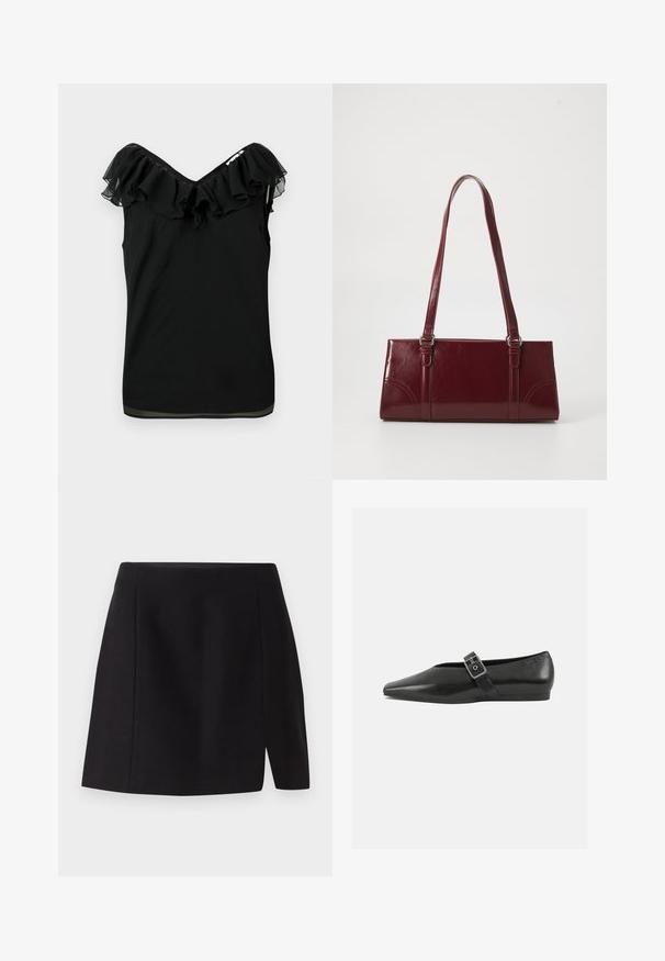 Sort ærmeløs bluse til kvinder med off-shoulder flæseudskæring og gennemsigtige stofdetaljer i kanten på en hvid baggrund.; Sort mini nederdel lavet af glat stof, med en tætsiddende talje og en frontslids, der tilføjer et moderne præg til det enkle design.; Sorte læder flade sko med spidse tæer, prydet med en metallisk spænde over vristen og en lav, fleksibel sål.; Bordeaux håndtaske lavet af glansfuldt materiale, rektangulær form, med to skulderremme og subtile buede detaljer på forsiden.