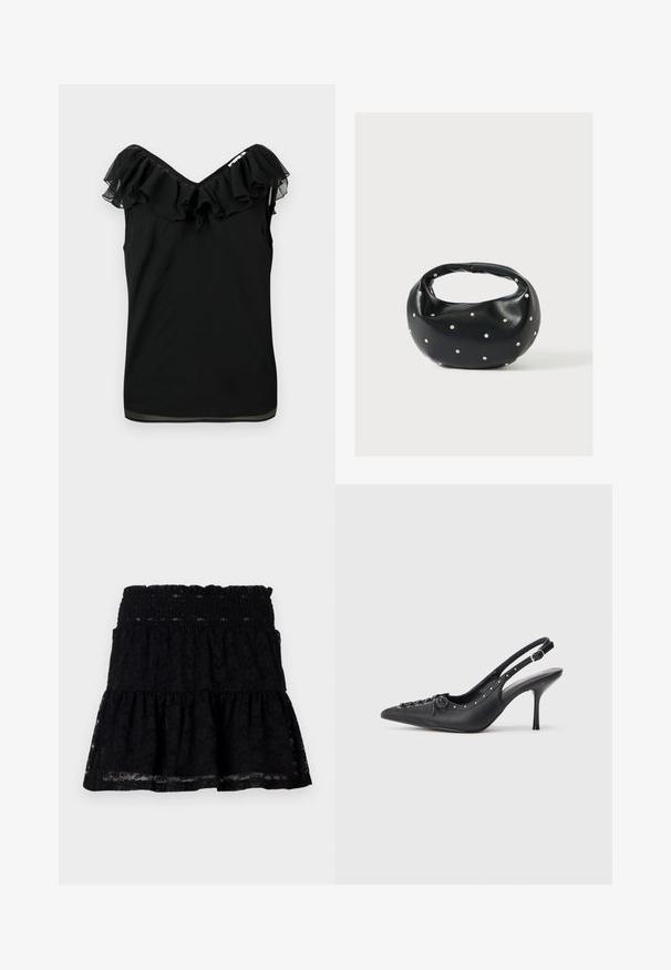 Čierny bezrukávový blúzku pre ženy s off-shoulder volánovým výstrihom a priesvitnými detailmi na okrajoch na bielom pozadí.; Čierna čipkovaná sukňa so zúženým pásom. Obsahuje rozšírený, viacerými vrstvami navrhnutý strih a priesvitnú textúru, čím vytvára vrstvený vzhľad.; Čierne kožené slingback lodičky na ihličkovom podpätku s špicatou špičkou, bočným zipsom, cvokmi pozdĺž okraja a dekoračným šnurovaním na prednej strane.; Čierna kožená kabelka s zaobleným tvarom, zdobená striebornými cvočkami a krátkym rúčkou. Hladká textúra a zapínanie na zips.