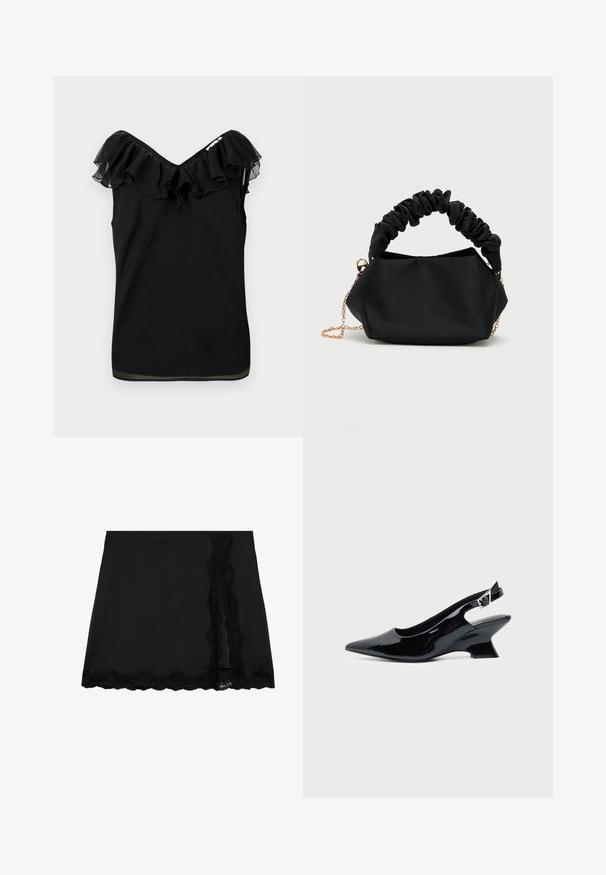 Blouse noire sans manches pour femmes avec encolure à volants décolletée et détails en tissu transparent sur les bords, sur fond blanc.; Even&Odd by Zalando Minijupe - black; Chaussure slingback en cuir verni noir avec bout pointu et petit talon bloc incliné sur fond clair uni.; Sac à main en tissu noir avec une poignée froncée et une bandoulière en chaîne dorée. Le design présente une forme douce et structurée avec une texture lisse.