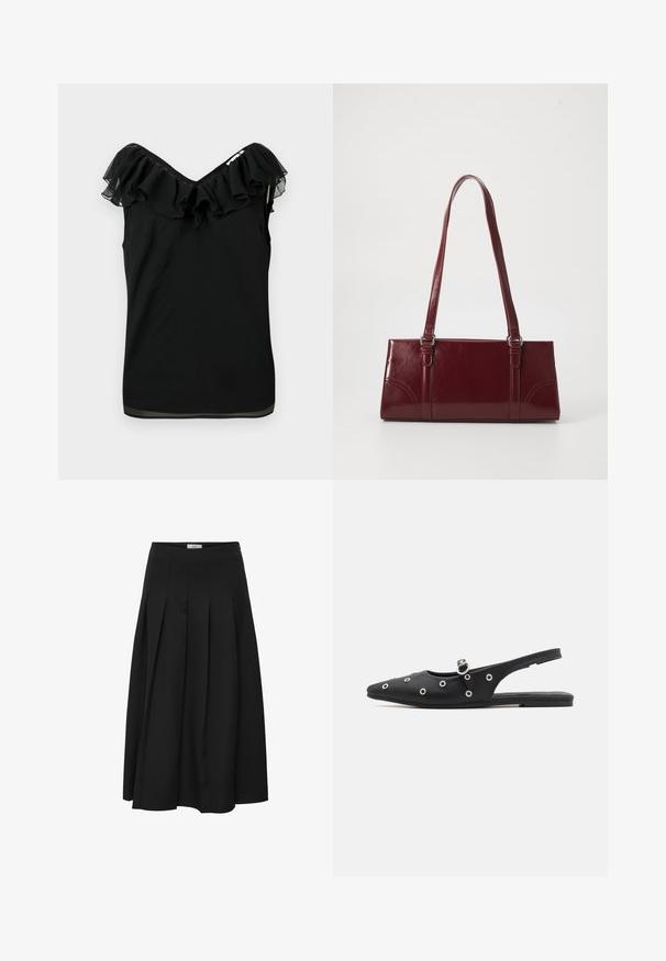 Zwarte mouwloze blouse voor dames met een off-shoulder volant halslijn en een transparante stofafwerking aan de randen, tegen een witte achtergrond.; Zwarte plissé midi rok gemaakt van gladde stof. Heeft een hoge taille en een vloeiende silhouet met netjes gestikte plooien.; Zwart slingback-schoen met een scherpe neus, glad materiaal, zilveren oogjes en een gesp. Platte zool met minimale profiel.; Bourgondische handtas van glanzend materiaal, rechthoekige vorm, met twee schouderbanden en subtiele gebogen accenten aan de voorkant.