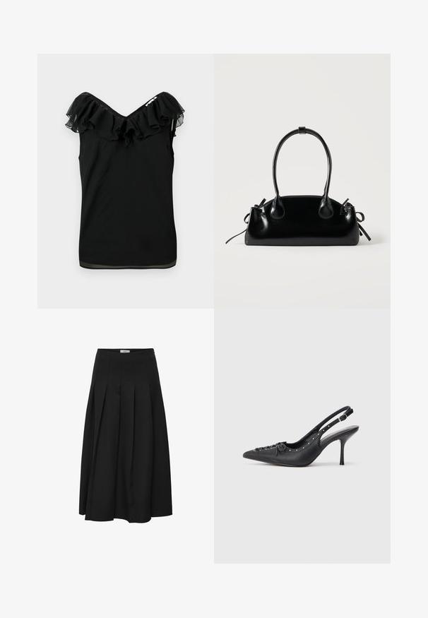 Zwarte mouwloze blouse voor dames met een off-shoulder volant halslijn en een transparante stofafwerking aan de randen, tegen een witte achtergrond.; Zwarte plissé midi rok gemaakt van gladde stof. Heeft een hoge taille en een vloeiende silhouet met netjes gestikte plooien.; Zwarte leren slingback stiletto met spitse neus, zijgesp met gesp, studs langs de rand en decoratieve veters aan de voorkant.; Kleine zwarte glanzende handtas met twee lange hengsels en zijkant trekkoord details op een effen lichte achtergrond.