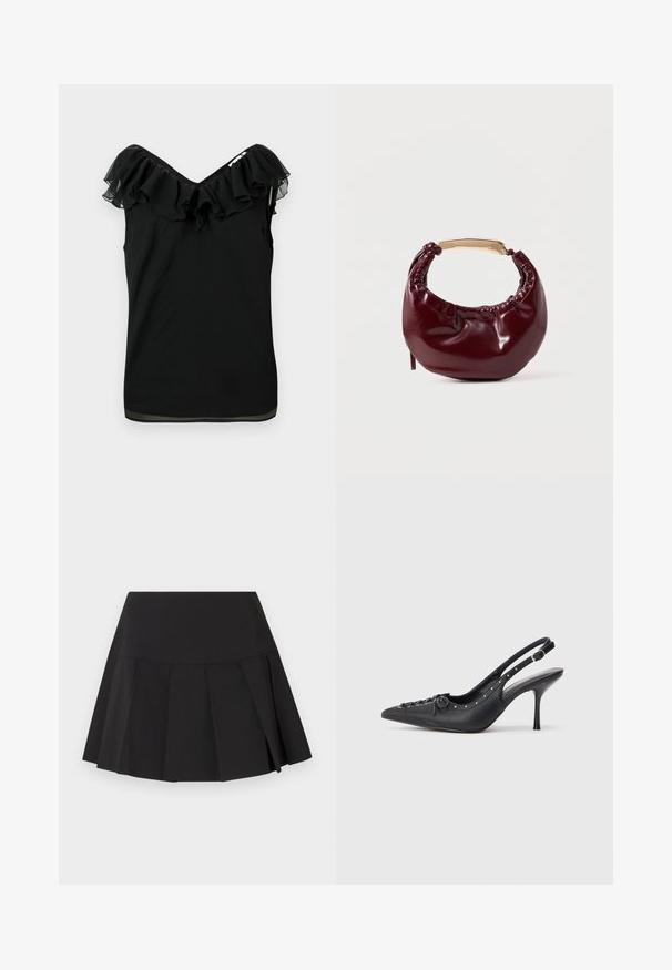 Blouse noire sans manches pour femmes avec encolure à volants décolletée et détails en tissu transparent sur les bords, sur fond blanc.; Mini-jupe plissée noire avec une large ceinture, des plis verticaux espacés uniformément et un ourlet légèrement évasé.; Escarpin en cuir noir à talon aiguille avec un bout pointu, une bride latérale à boucle, des clous le long du bord et un laçage décoratif à l'avant.; Sac à main en simili cuir bordeaux avec une forme arrondie, des détails froncés et une anse en métal doré. Texture lisse et finition brillante.