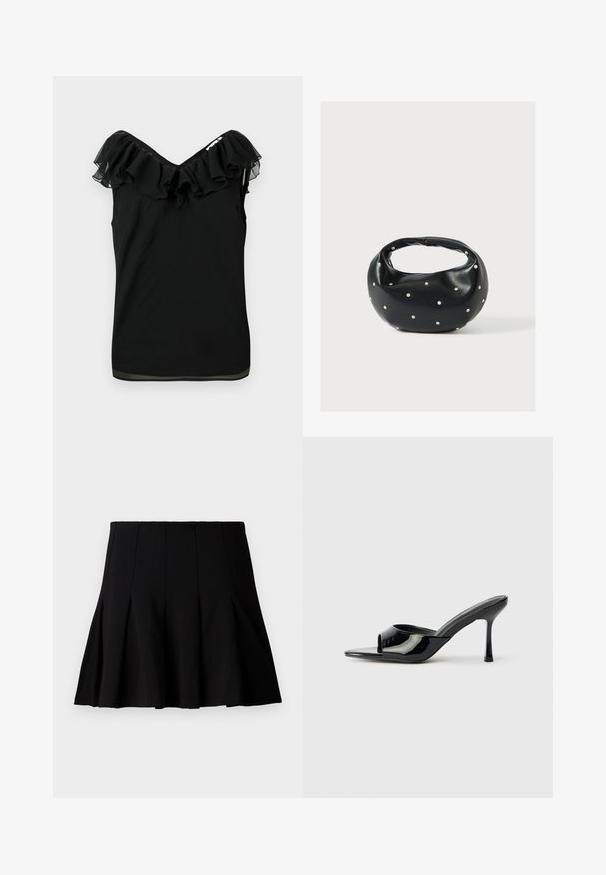 Zwarte mouwloze blouse voor dames met een off-shoulder volant halslijn en een transparante stofafwerking aan de randen, tegen een witte achtergrond.; Zwarte korte geplooide rok gemaakt van een gladde stof. Heeft een elastische tailleband en een uitlopende silhouette die tot halverwege de dij komt.; Zwarte gepatineerde leren open-toe mules met een smalle band en stilettohak. Glad textuur en minimalistisch ontwerp met een platte zool.; Zwarte leren handtas met een afgeronde vorm, versierd met zilveren studs, en een korte handgreep. Gladde textuur en ritsluiting.
