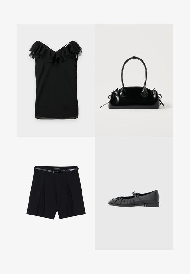 Zwarte mouwloze blouse voor dames met een off-shoulder volant halslijn en een transparante stofafwerking aan de randen, tegen een witte achtergrond.; Zwarte op maat gemaakte shorts met plooien, voorzien van een slanke zwarte riem met een gouden gesp. Gemaakt van een soepele stof, die een verfijnde uitstraling biedt.; Zwarte platte schoen met geplooid voorkantontwerp en een gestrikte strik bovenop, lage hak en gladde textuur op een lichtgrijze achtergrond.; Kleine zwarte glanzende handtas met twee lange hengsels en zijkant trekkoord details op een effen lichte achtergrond.