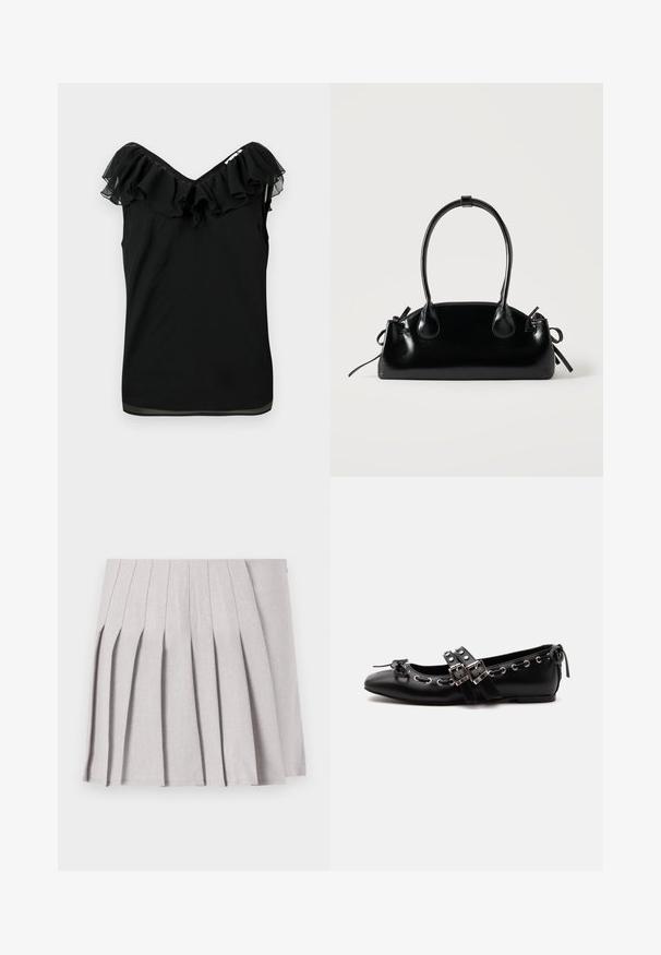 Blouse noire sans manches pour femmes avec encolure à volants décolletée et détails en tissu transparent sur les bords, sur fond blanc.; Jupe plissée grise au toucher lisse, dotée de multiples plis verticaux et d'une taille ajustée. Fabriquée en tissu léger.; Chaussure de ballet plate noire avec doubles brides à boucle, œillets argentés et petit nœud près de l’orteil arrondi sur fond blanc.; Petit sac à main noir brillant avec deux longues anses et des détails à cordon sur les côtés sur un fond clair uni.