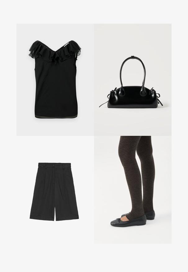 Schwarzes ärmelloses Damenshirt mit schulterfreiem Rüschenausschnitt und transparenten Stoffdetails an den Kanten auf weißem Hintergrund.; Schwarze Leinen-Shorts mit lockerer Passform, flachem Bund, zwei seitlichen Taschen und einem Knopfverschluss an der Taille.; Beine in dunklen, gerippten Leggings kombiniert mit schwarzen Ballerinas mit kleinen Schleifendetails auf weißem Hintergrund.; Kleine schwarze glänzende Handtasche mit zwei langen Griffen und seitlichen Kordelzug-Details vor einfachem hellem Hintergrund.