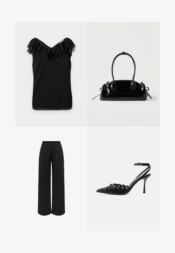 Blouse noire sans manches pour femmes avec encolure à volants décolletée et détails en tissu transparent sur les bords, sur fond blanc.; Pantalons larges noirs avec une taille ajustée, plis plats à l'avant et fermeture à bouton. Fabriqués dans un matériau fluide, présentant une texture lisse.; Chaussure à talon haut noire à bout pointu, bords festonnés, œillets métalliques, lacets à l'avant et bride de cheville avec fermeture à boucle.; Petit sac à main noir brillant avec deux longues anses et des détails à cordon sur les côtés sur un fond clair uni.