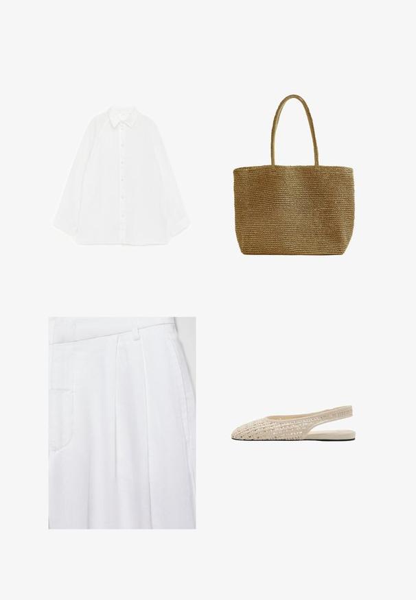 Chemise blanche à manches longues avec boutons sur le devant et col pointu, étalée à plat sur un fond blanc, montrant la vue de face.; Pantalon blanc taille haute avec poches latérales, passants de ceinture et plis devant en tissu texturé.; Chaussure slingback plate beige avec dessus tissé et bout pointu, dotée d'un talon ouvert et d'une semelle fine.; Sac cabas en fibre naturelle tissée avec deux longues anses, forme rectangulaire et ouverture sur le dessus, idéal pour transporter des objets.