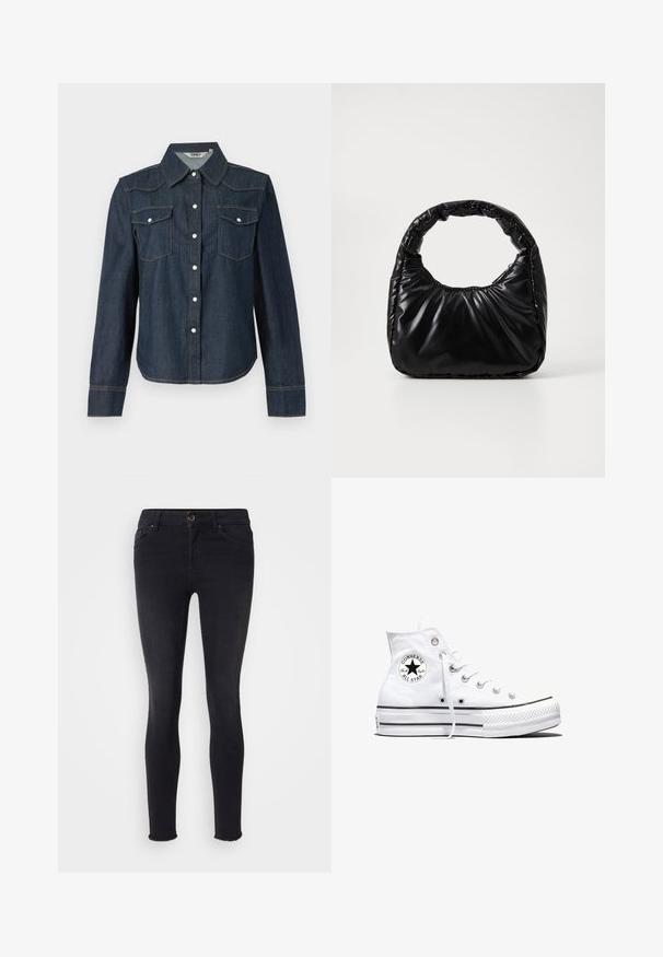 Mørkeblå denimskjorte med lange ærmer, spids krave, to brystlommer og hvid knaplukning. Kontraststing langs sømmene.; Sorte skinny jeans i denim-materiale med en mellemhøj talje, frontlommer og en rå kant ved anklerne. Klassisk fem-lomme design.; Hvid højtop Converse Chuck Taylor All Star-sneaker med sort logo-patch og hvide snørebånd, vist på hvid baggrund.; Sort polstret håndtaske med et rundt håndtag, der har en glat, skinnende overflade og en blød, kviltet tekstur. Ingen synlige hardware eller accenter.