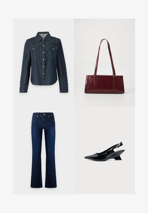 Donkerblauwe spijkerhemd met lange mouwen, puntige kraag, twee borstzakken en witte knoopsluiting. Contrasterende stiksels langs de naden.; Donkerblauwe denim flared jeans met een middelhoge taille, voorzakken en contrasterende stiksels. Voorzien van een metalen knoopsluiting en riemlussen.; Zwarte lakleren slingback schoen met spitse neus en lage schuine blokhak op een effen lichte achtergrond.; Bourgondische handtas van glanzend materiaal, rechthoekige vorm, met twee schouderbanden en subtiele gebogen accenten aan de voorkant.