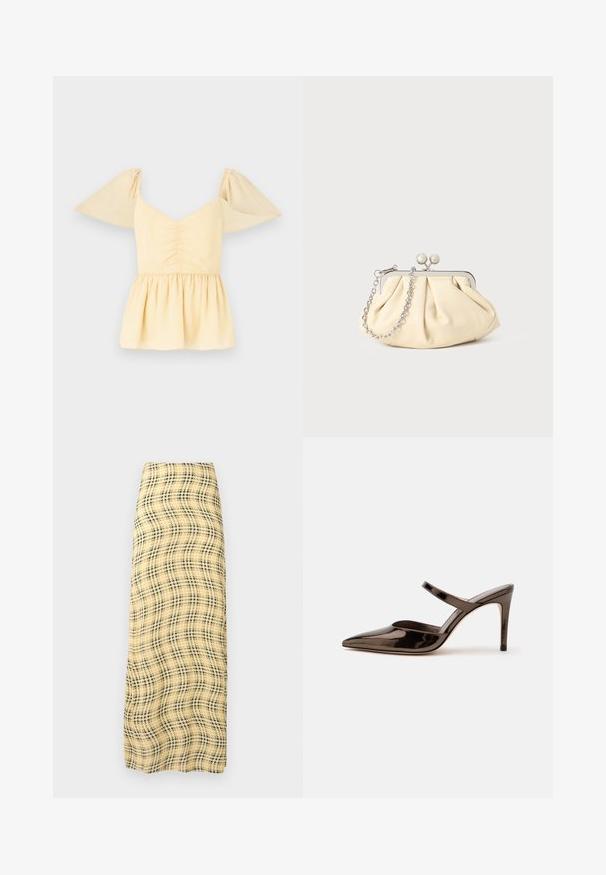 Peplum-topp, mille varrukatega, pehmes kollases puuvillas, kokkugatheritud kehaosaga ja laieneva äärisega, millel on õrnalt laiguline muster kangal.; Rabanne Maksiseelik - green/yellow/cream; Sädelevalt tumepruun terava ninaga kõrgete kontsadega sandaal, millel on kitsas rihm jalavõlvi üle, valgel ühevärvilisel taustal.; Kortsus beežist nahast kotike, millel on hõbedane metallraam, kaunistatud kahe ümmarguse dekoratiivse lukuga ja hõbedase ketispideme.