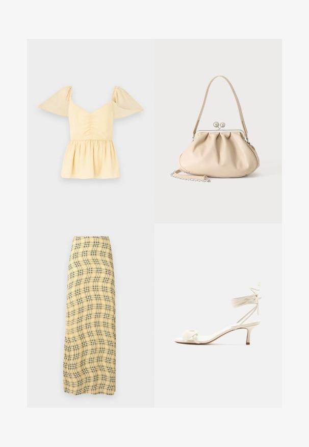 Top peplum de manga abullonada en suave algodón amarillo con un cuerpo fruncido y un dobladillo acampanado, con sutiles manchas a lo largo de la tela.; Rabanne Falda larga - green/yellow/cream; Sandalia de tacón bajo color crema con lazos alrededor del tobillo y una amplia tira retorcida sobre los dedos, sobre un fondo blanco liso.; Bolso de mano de cuero suave beige con cierre de marco metálico plateado, una correa para el hombro y una correa de cadena opcional sobre un fondo blanco.