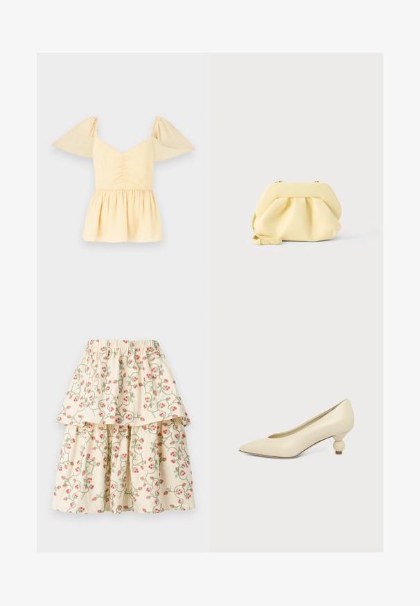 Top peplum de manga abullonada en suave algodón amarillo con un cuerpo fruncido y un dobladillo acampanado, con sutiles manchas a lo largo de la tela.; Falda de capas color crema con un patrón floral de fresas rojas y enredaderas verdes. Cintura elástica para mayor comodidad y ajuste.; Zapato de mujer color crema con punta afilada y tacón bajo, con tacón redondo en forma de bola, sobre un fondo liso.; Bolso de mano de cuero amarillo suave con diseño fruncido y una correa desmontable, sobre un fondo claro y liso.