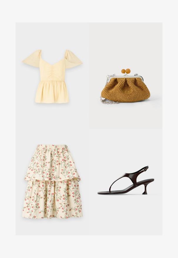 Pufærmet peplumtop i blød gul bomuld med en samlet bodice og en udflydende kant, der har subtile prikker i hele stoffet.; Cremefarvet lagdelt nederdel med et blomsterdesign af røde jordbær og grønne vinstokke. Elastisk talje for komfort og pasform.; Mørkebrun laklædersandal med rem bagpå, lille hæl og tårem på hvid baggrund.; Lille brun flettet clutch-pung med sølvmetalramme, to runde trælåse og en kort sølvkæderem på en hvid baggrund.