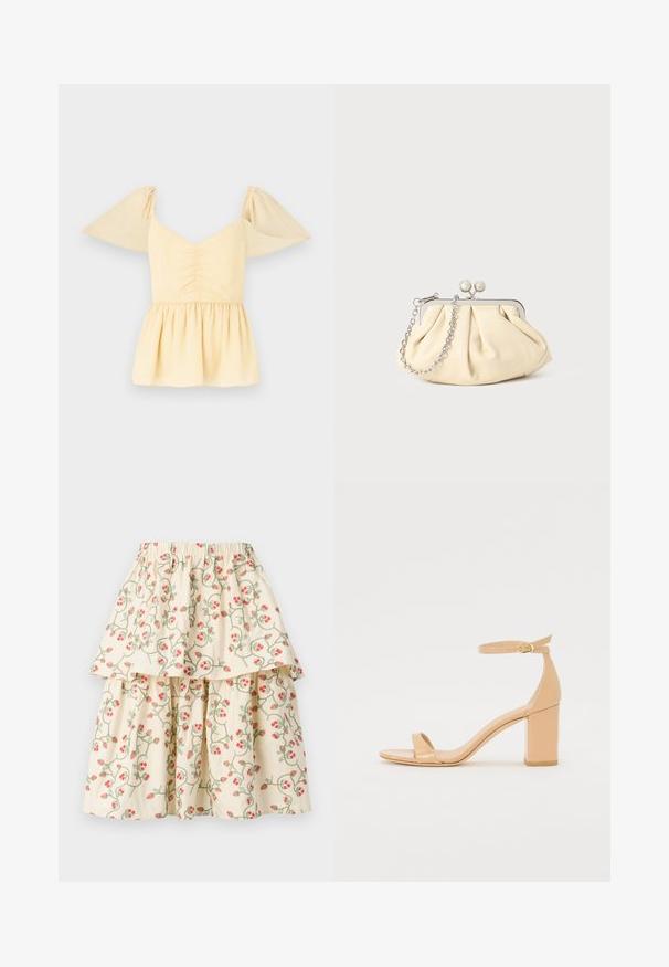 Top peplum de manga abullonada en suave algodón amarillo con un cuerpo fruncido y un dobladillo acampanado, con sutiles manchas a lo largo de la tela.; Falda de capas color crema con un patrón floral de fresas rojas y enredaderas verdes. Cintura elástica para mayor comodidad y ajuste.; Sandalias de tacón de charol nude con punta cuadrada, correa de tobillo y un tacón ancho. Textura suave y detalles de diseño minimalistas.; Clutch de cuero beige plisado con un marco de metal plateado, que cuenta con dos broches decorativos redondos y una correa de cadena plateada.