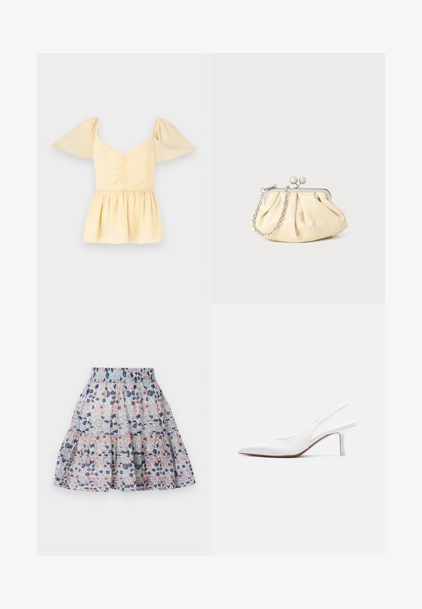 Haut peplum à manches bouffantes en coton jaune doux avec un buste froncé et un ourlet évasé, présentant des speckles subtiles sur tout le tissu.; Jupe à imprimé floral en bleu clair, ornée de fleurs roses et marines. Design en volants avec une taille élastique et un tissu doux et texturé.; Chaussure pour femme en cuir blanc avec bride arrière, bout pointu, petit talon kitten bas et petit nœud décoratif sur le dessus, vue de profil latéral.; Pochette en cuir beige plissé avec un cadre en métal argenté, dotée de deux fermoirs ronds décoratifs et d'une chaîne en argent.
