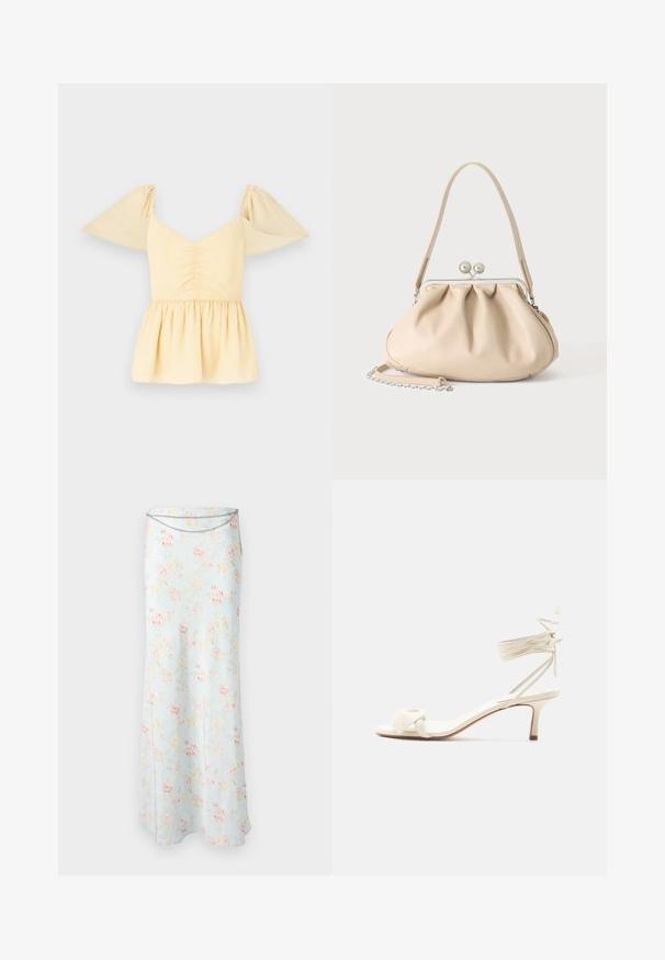 Pufærmet peplumtop i blød gul bomuld med en samlet bodice og en udflydende kant, der har subtile prikker i hele stoffet.; Rabanne Maxinederdele - pink/blue/green/yellow; Kremfarvet sandal med lave hæle, bindebånd om anklen og en bred snoet rem over tæerne på en ensartet hvid baggrund.; Beige blød læderhåndtaske med en sølv metalramme-lukning, enkelt skulderstrop og en valgfri kæderem på en hvid baggrund.