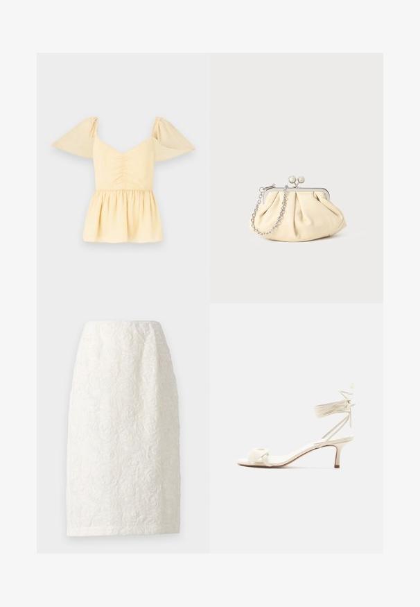 Pufærmet peplumtop i blød gul bomuld med en samlet bodice og en udflydende kant, der har subtile prikker i hele stoffet.; Knelang hvid nederdel med et tekstureret blomstermønster, der har hævede rosedesigns og en subtil glans. Enkel, lige silhuet.; Kremfarvet sandal med lave hæle, bindebånd om anklen og en bred snoet rem over tæerne på en ensartet hvid baggrund.; Plisseret beige læderclutch med en sølvmetalramme, der har to runde dekorative låse og en sølvkædetrasporte.