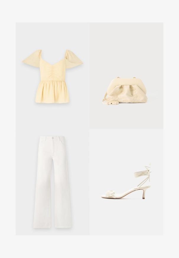 Pufærmet peplumtop i blød gul bomuld med en samlet bodice og en udflydende kant, der har subtile prikker i hele stoffet.; Hvide, højtaljede bukser med bred ben lavet af denim. Har en knaplukning, to forlommer og sidesømme med syningsdetaljer.; Kremfarvet sandal med lave hæle, bindebånd om anklen og en bred snoet rem over tæerne på en ensartet hvid baggrund.; Håndtaske i kremfarvet stof med blomsterbroderi, blød afrundet topramme og justerbar rem, lagt foran på en lysegrå baggrund.