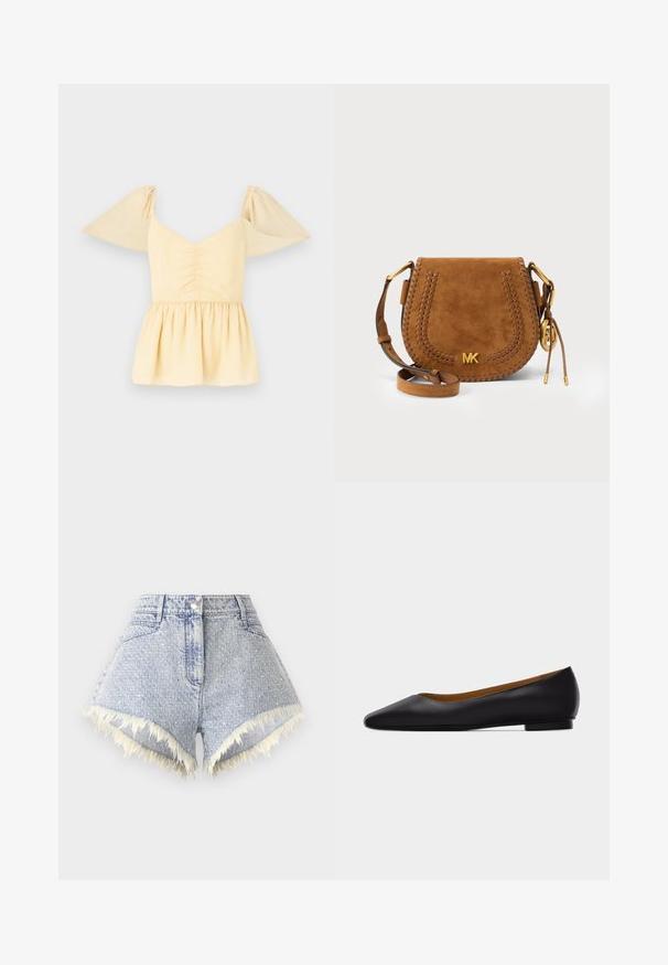 Peplum-topp, mille varrukatega, pehmes kollases puuvillas, kokkugatheritud kehaosaga ja laieneva äärisega, millel on õrnalt laiguline muster kangal.; Heledsinine denim lühikesed püksid, millel on hargnenud serv ja valged aktsendid, ees nööbiga sulgemine ja kaks taga taskut.; Mustast nahast terava ninaga madala kontsaga tasasel tallal king, nähtud küljelt helehallil taustal.; Pruun seemisõlakott punutud äärega, reguleeritava rihma, kuldsete detailide ja eest MK logoga.