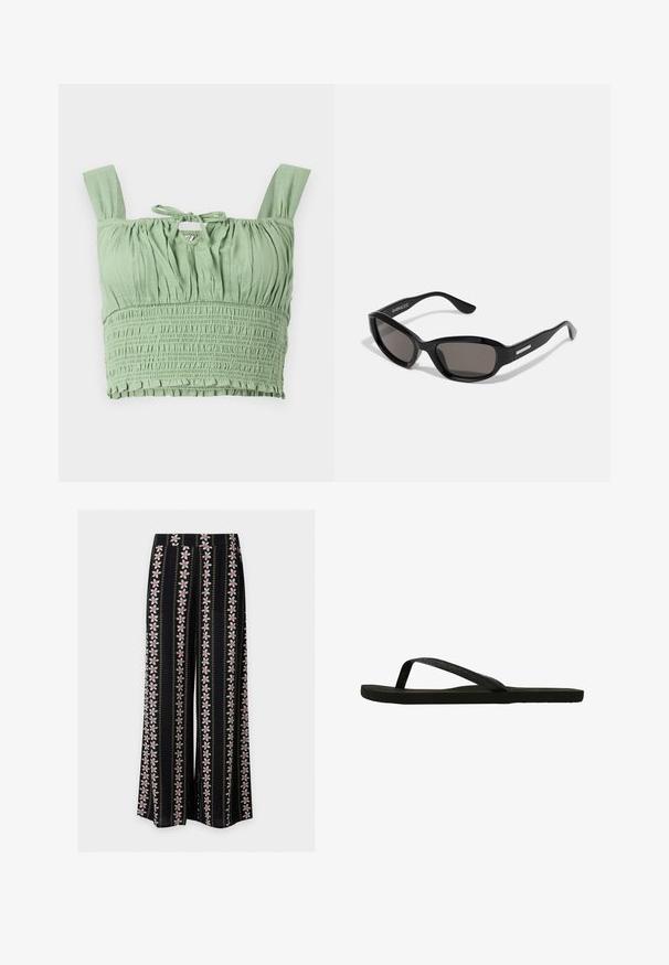 Svetlozelený crop top s smockovanou textúrou, širokými ramienkami a uzlovým výstrihom. Obsahuje zhromaždenú látku pre voľný strih.; Čierne široké nohavice s vertikálnymi ružovými a bielymi kvetinovými pruhmi a malými žltými bodkovanými čiarami, ktoré sa v vzore striedajú.; Čierne žabky s textúrovaným popruhom a plochou podrážkou. Popruh má jemný lesk. Jednoduchý dizajn, ľahké a flexibilné tvar.; Čierne slnečné okuliare s obdĺžnikovým rámom, tmavými šošovkami, hladkým plastovým materiálom a kovovým akcentom na ramene.