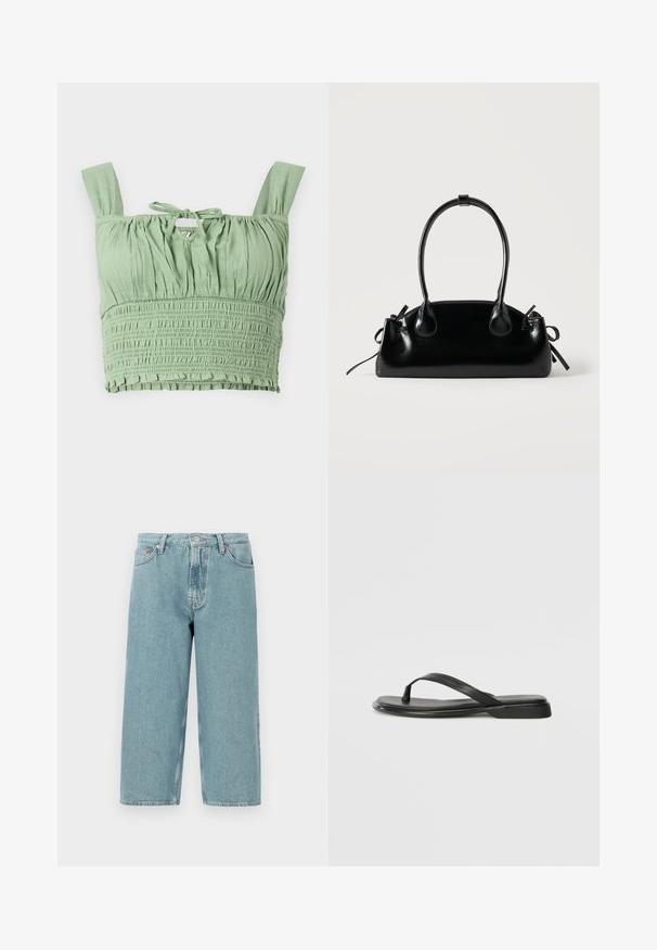 Lichtgroene crop top met smockstructuur, brede bandjes en een gestrikte halslijn. Bevat gathered stof voor een relaxte pasvorm.; Lichtblauwe denimshorts met een hoge taille, rechte snit en rauwe zoom. Voorzien van een klassieke knoop- en ritsluiting en vier zakken.; Zwarte teenflip-flop van glad leer, met een dunne band en een platte zool met een minimalistisch profiel. Geen opvallende patronen of accenten.; Kleine zwarte glanzende handtas met twee lange hengsels en zijkant trekkoord details op een effen lichte achtergrond.