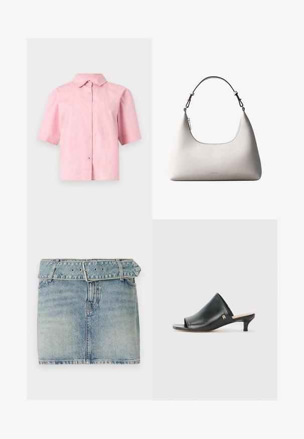 Camisa de manga corta color rosa claro con botones, cuello y bolsillo en el pecho, presentada sobre un fondo gris claro liso.; Minifalda de mezclilla con un lavado azul claro, que presenta una cintura con cinturón y hebilla de metal, cinco bolsillos y un ligero desvanecimiento para dar textura.; Mules de cuero negro de punta abierta con un tacón bajo. Presentan una superficie lisa y un acento del logo dorado en el costado.; Bolso de hombro de cuero color crema de Calvin Klein con borde superior curvado, cremallera plateada y correa ajustable marrón oscuro.