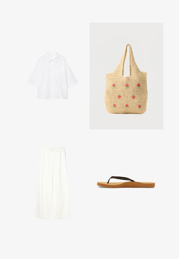 Chemise blanche à boutons, manches larges trois-quarts, col pointu et poche poitrine sur fond blanc uni.; Pantalon blanc à jambes larges avec taille élastique et cordon de serrage, en tissu léger.; Tongs à bride tressée marron avec une semelle souple et un pied en tan, dotées d'un design arrondi et d'une semelle en caoutchouc texturé pour une meilleure adhérence.; Sac fourre-tout en toile beige avec de courtes poignées, décoré de petites fleurs brodées rouges et vertes espacées sur le devant.