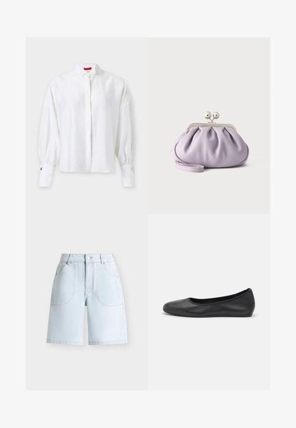 Blouse blanche à manches longues avec col montant, patte de boutonnage cachée, manches bouffantes et larges poignets avec boutons de manchette en métal.; Short en jean bleu clair avec bouton et fermeture éclair à l'avant, deux poches avant arrondies et passants de ceinture sur un fond uni.; Ballerines en cuir noir avec un bout rond, texture lisse, détails de couture minimalistes et design de semelle flexible.; Pochette lavande douce avec tissu froncé, fermoir kiss-lock argenté et bracelet assorti sur un fond clair uni.