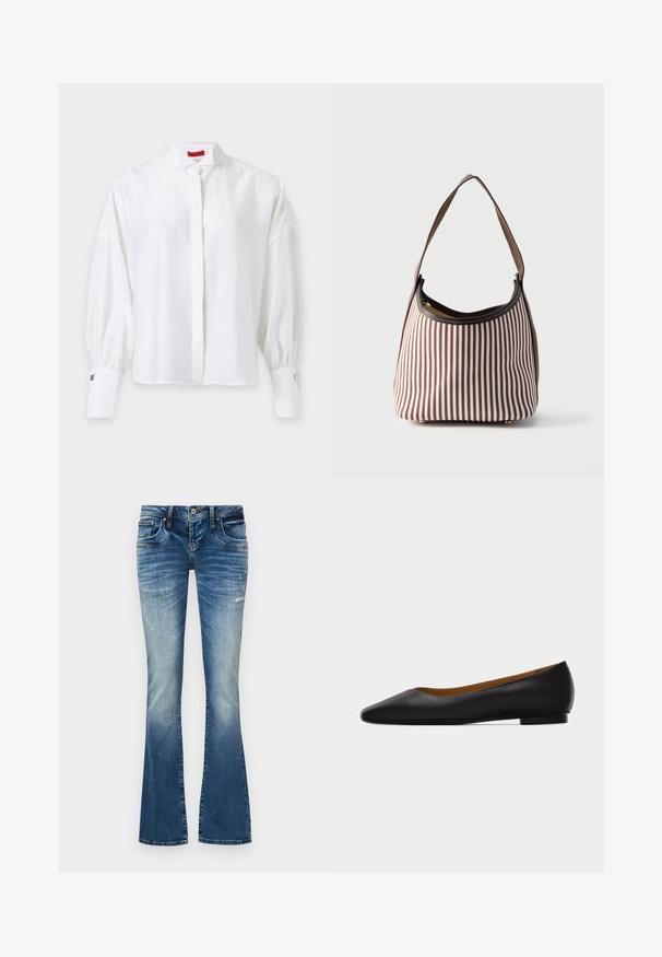 Witte blouse met lange mouwen, hoge kraag, verborgen knopenlijst, pofmouwen en brede manchetten met metalen manchetknopen.; Blauwe denim flare jeans met vervaagde en versleten details, met een sluiting van knoop en ritssluiting aan de voorkant, en een vijf-pocket ontwerp.; Zwarte leren puntschoen met lage hak en gladde afwerking, zijaanzicht op een lichtgrijze achtergrond.; Bruin-witte verticale gestreepte handtas met een enkele schouderriem en een zichtbare rits aan de bovenkant.
