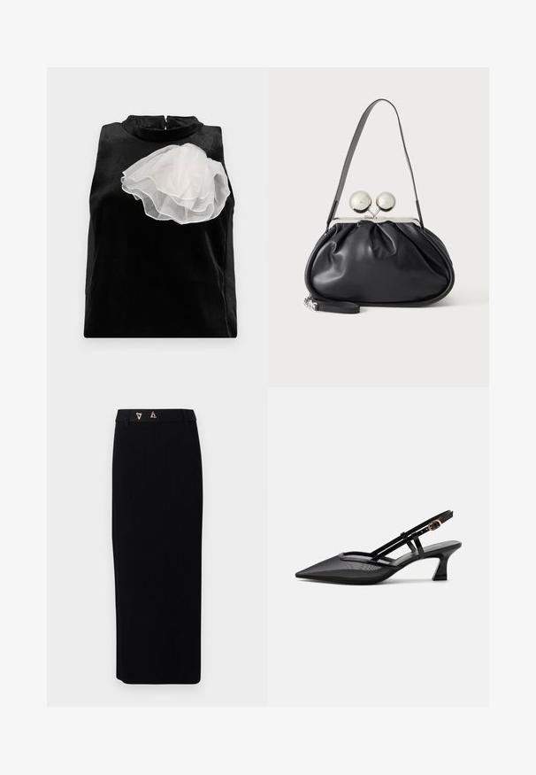 Haut sans manches noir en tissu lisse, orné d'une grande fleur en tulle blanc sur le côté gauche et d'un col montant avec fermeture zip.; AERON FORUM - Jupe crayon - black; Chaussure slingback noire à bout pointu avec tige en mesh, fines brides, boucle dorée et petit talon incurvé sur fond blanc.; Sac à main en cuir noir avec un design plissé, une sangle unique, un cadre métallique argenté et deux grandes fermoirs ronds en argent.