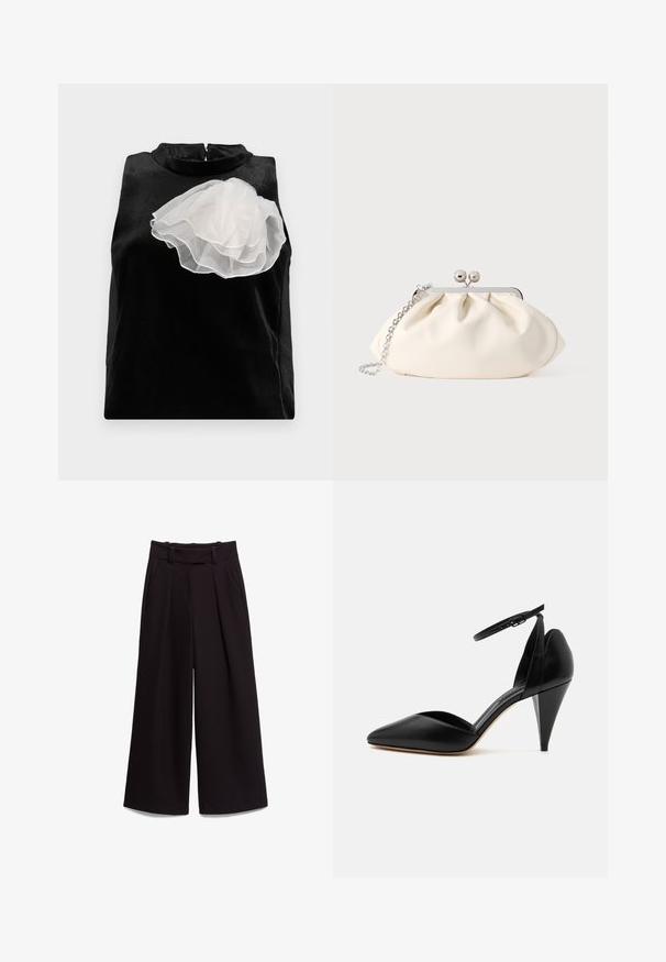 Haut sans manches noir en tissu lisse, orné d'une grande fleur en tulle blanc sur le côté gauche et d'un col montant avec fermeture zip.; Pantalon noir à jambes larges avec taille haute, passants pour ceinture, poches latérales et plis à l'avant, présenté à plat sur fond blanc.; Escarpin en cuir noir à bout pointu avec bride à la cheville et talon conique sur fond blanc.; Pochette en tissu crème avec un design froncé, cadre en métal argenté, deux boules décoratives, et une bandoulière chaîne argentée.