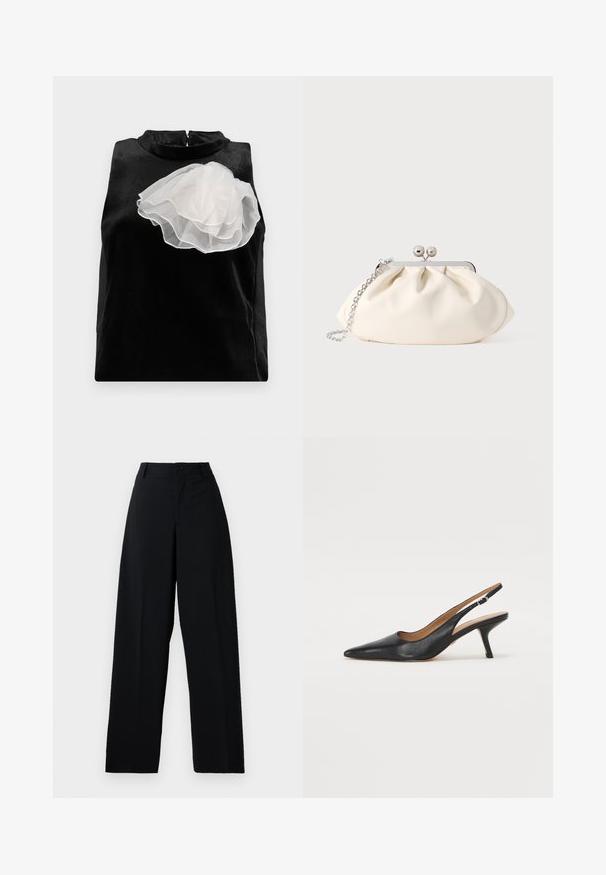 Haut sans manches noir en tissu lisse, orné d'une grande fleur en tulle blanc sur le côté gauche et d'un col montant avec fermeture zip.; Pantalons noirs taille haute à larges jambes avec bouton et fermeture éclair, passants de ceinture et finition en tissu lisse et propre.; Chaussure slingback en cuir noir avec un bout pointu, un talon bas et une lanière ajustable. Texture lisse avec un design minimaliste.; Pochette en tissu crème avec un design froncé, cadre en métal argenté, deux boules décoratives, et une bandoulière chaîne argentée.