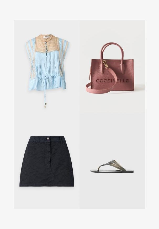 Blouse bleu clair à manches courtes avec des détails en dentelle beige, des boutons recouverts de tissu à l'avant, des plis et un cordon de serrage à l'ourlet avec des accents dorés.; Jupe noire à motif texturé, dotée d'une fermeture à boutons sur le devant, de deux poches et d'une coupe ajustée. Fabriquée en tissu durable.; Des tongs noires avec une bride grise transparente, présentant un emblème décoratif sur la bride et une semelle plate en caoutchouc.; Sac à main en cuir rose texturé avec deux poignées, une bandoulière détachable et "COCCINELLE" embossé sur le devant.