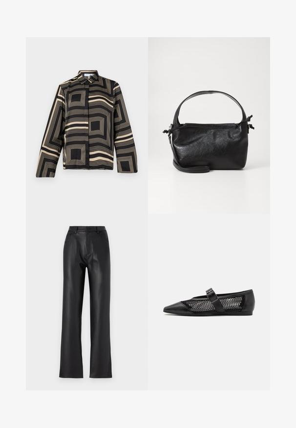 Chemise noire et beige avec un motif géométrique, dotée de manches longues, d'un col et d'une coupe ample en tissu lisse et brillant.; Pantalons noirs en faux cuir avec une coupe droite, comportant des poches avant, une fermeture éclair et un bouton. Texture lisse.; Chaussure plate noire avec un bout pointu, panneaux latéraux en maille et une sangle avec une boucle décorative. Fini lisse sur les sections du bout et du talon.; Sac à main en cuir noir au design structuré, avec une poignée arrondie et une bandoulière amovible. Présente une texture lisse et un éclat subtil.