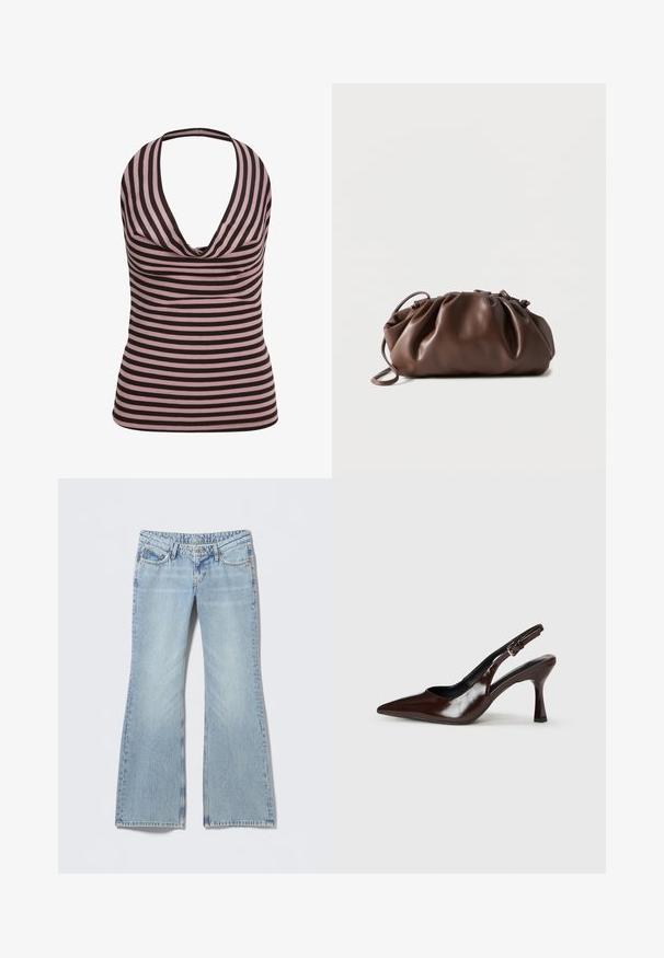 Bezroku haltera topiņš ar rozā un melnām horizontālām svītrām un drapētu kakla izgriezumu.; Gaiši zilas zvērinātas džinsa bikses ar izbalējušu apdari, piecu kabatu dizainu un kontrastējošām šuvēm. Kokvilnas džinsa audums ar gludu tekstūru.; Brūni laku zābaku papēži ar norādītu purngalu, plānu papēdi un regulējamu siksnu ar mazu sprādzi.; Mīksta brūna ādas somiņa ar savāktu augšdaļu un plānu siksniņu, novietota uz balta fona.