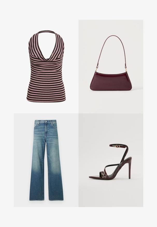 Haut sans manches col licou avec des rayures horizontales roses et noires et un col drapé.; Jean en denim bleu taille haute avec une coupe large, poches avant, fermeture par boutons et détails délavés sur les cuisses et le bas des jambes.; Sandale à talons hauts en cuir verni bourgogne avec une bride de cheville, bout pointu et trois bandes horizontales sur le pied. Détail de boucle dorée.; Sac à main brillant bordeaux foncé avec une anse fine unique et une forme trapézoïdale élégante sur un fond clair uni.