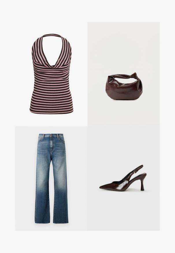 Ärmelloses Neckholder-Top mit pinken und schwarzen horizontalen Streifen und einem drapierten Ausschnitt.; Weite blaue Denim-Jeans mit einem ausgewaschenen Finish, ausgestattet mit einem Knopfverschluss und traditionellem Fünf-Taschen-Design. Glatte Textur über das gesamte Material.; Braune lackleder Slingback-Absätze mit spitzem Zehen, einem dünnen Absatz und einem verstellbaren Riemen mit einer kleinen Schnalle.; Dunkelbraune Lederschultertasche mit weicher, lockerer Form und einem gedrehten Knotengriff vor schlichtem weißem Hintergrund.