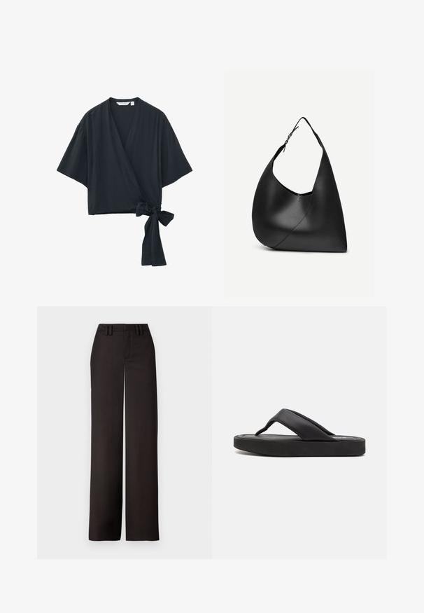 Blouse noire style portefeuille avec manches larges et un nœud sur le côté à la taille, avec un décolleté en V et une coupe décontractée.; Pantalons noirs à jambes larges avec un devant plat, passants de ceinture et une texture lisse, conçus pour un ajustement près du corps. Aucun matériel ou motif visible.; Tongs noires avec une large lanière entre les orteils et une tige en synthétique douce. Dotées d'une semelle en caoutchouc épaisse avec une semelle intérieure texturée pour une meilleure adhérence.; Sac à épaule en cuir noir avec forme triangulaire incurvée, une seule sangle ajustable, et une couture diagonale visible à l'avant.