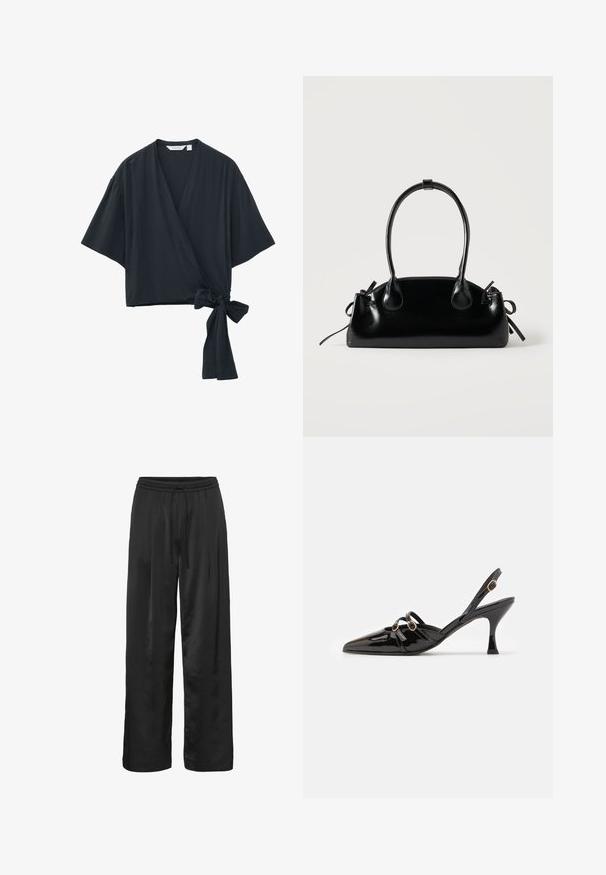 Blusa negra estilo cruzado con mangas anchas y un lazo lateral en la cintura, con escote en V y corte relajado.; Pantalones de pierna ancha negros, hechos de una tela suave y brillante. Cuentan con una cinturilla elástica con cordón para un ajuste ajustable.; ALOHAS JOELLE ONIX - Tacones - black; Pequeño bolso negro brillante con dos asas largas y detalles de cordón lateral sobre un fondo claro liso.