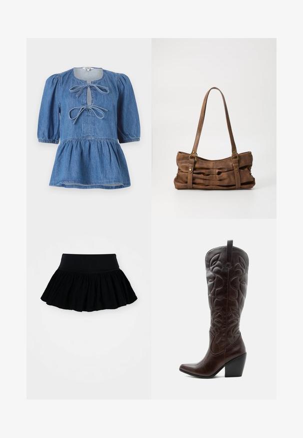 Top de mezclilla con mangas cortas abullonadas, escote redondo con abertura en forma de gota asegurada con dos lazos y dobladillo acampanado.; Falda negra acampanada con tejido fruncido y texturizado y una cinturilla ancha. Diseño simple, sin patrones ni herrajes presentes.; Bota vaquera alta de cuero marrón oscuro con patrones decorativos cosidos, punta puntiaguda y tacón de bloque apilado.; Even&Odd Bolso de mano - brown