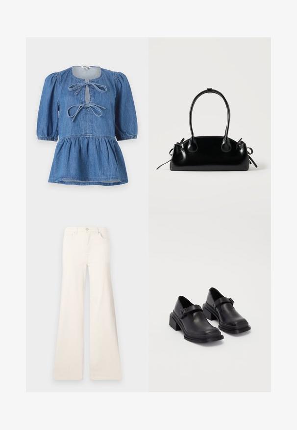 Denim top met korte pofmouwen, een ronde halslijn met een sleutelgatopening die wordt vastgezet door twee strikjes, en een uitlopende zoom.; ONLY Wide-fit ONLMADISON High waist Wide Leg Fit - Wide leg - ecru; Zwarte leren schoenen met een ronde neus, platte zool en een band met een gespdetail. Stevige blokhak voor extra stabiliteit.; Kleine zwarte glanzende handtas met twee lange hengsels en zijkant trekkoord details op een effen lichte achtergrond.