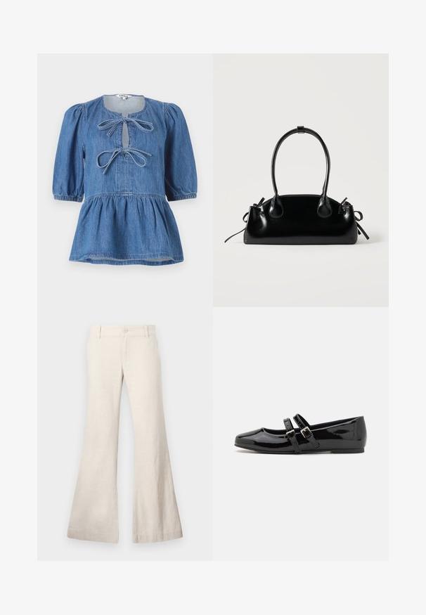Denimtopp med korte, puffete ermer, rund hals med nøkkelhullåpning sikret med to sløyfer, og en vid nederkant.; Beige bukser med svaj, lavet af et let linblandingsstof. Har en frontknaplukning og sidelommer. Glat tekstur, afslappet design.; Sorte patent lær støvler med firkantet tå, med to justerbare spennebånd over vristen og en flat, lav såle.; Liten svart blank håndveske med to lange håndtak og sidesnorer detaljer på en ensfarget lys bakgrunn.