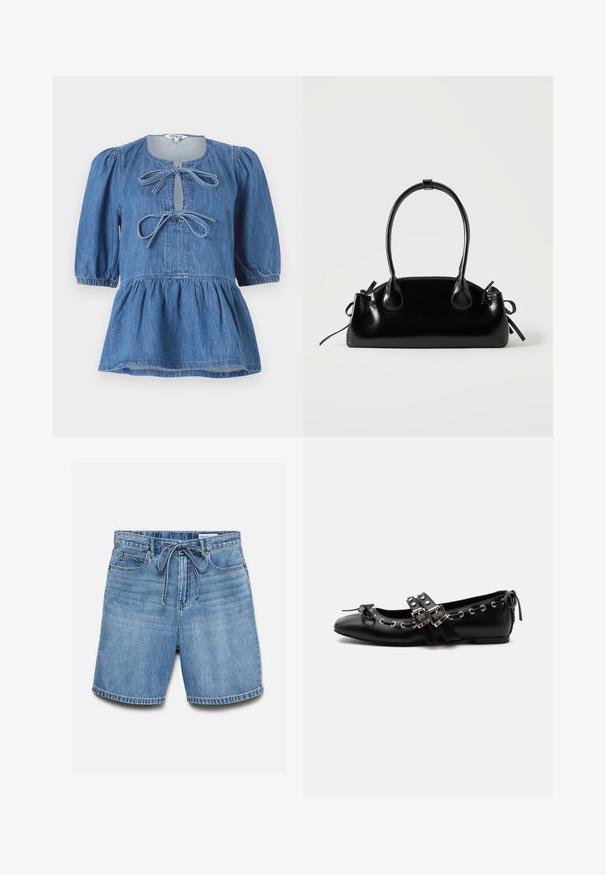 Haut en denim avec manches courtes bouffantes, encolure ronde avec une ouverture en forme de goutte d'eau fermée par deux nœuds, et un ourlet évasé.; Short en denim bleu avec poches avant et passants pour ceinture, agrémenté d'un cordon noué à la taille et de plis horizontaux délavés.; Chaussure de ballet plate noire avec doubles brides à boucle, œillets argentés et petit nœud près de l’orteil arrondi sur fond blanc.; Petit sac à main noir brillant avec deux longues anses et des détails à cordon sur les côtés sur un fond clair uni.