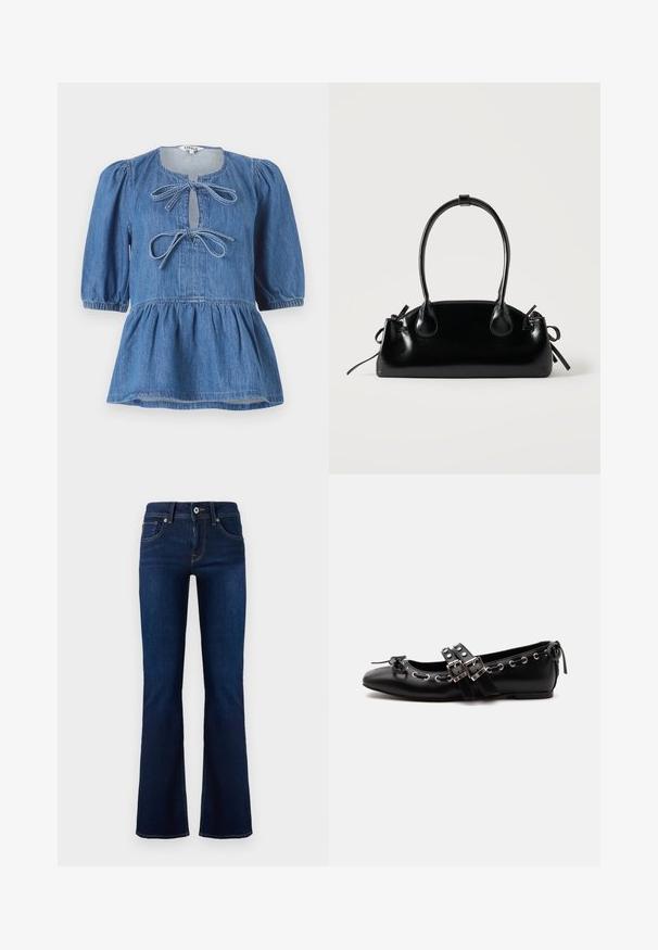 Denim top med korte pufærmer, rund halsudskæring med en nøglehulsåbning, der lukkes med to sløjfer, og en udvidet kant.; Mørkeblå denim flared jeans med en mid-rise talje, forlommer og kontrasterende syninger. Har metalknaplukning og bæltestropper.; Sort flad balletsko med dobbelt spænde, sølvøjer og en lille sløjfe nær den runde tå på en hvid baggrund.; Lille sort blank håndtaske med to lange håndtag og snøre-detaljer i siden på en ensfarvet lys baggrund.