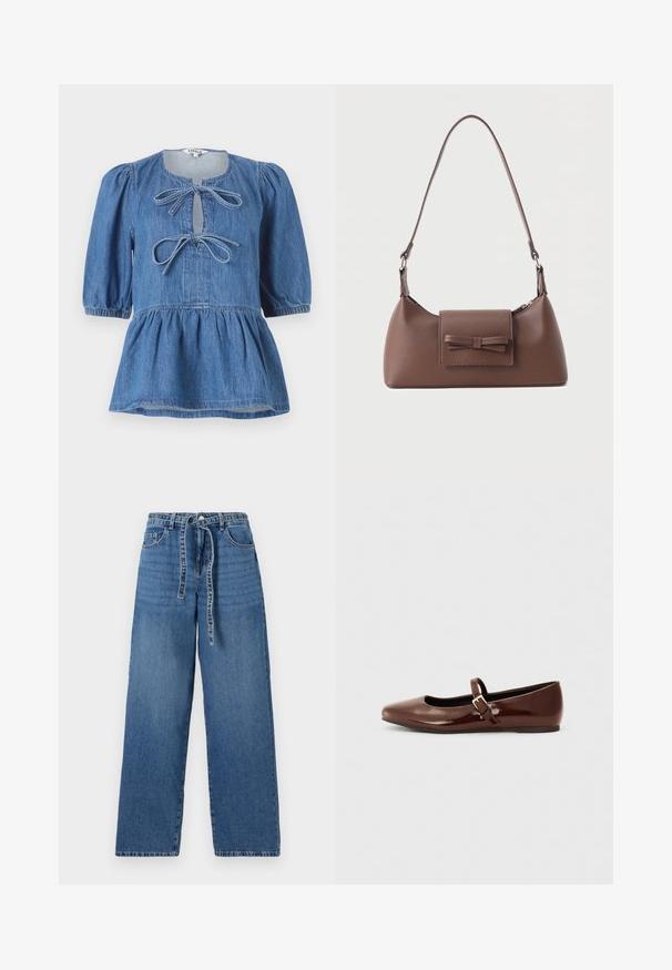 Top de mezclilla con mangas cortas abullonadas, escote redondo con abertura en forma de gota asegurada con dos lazos y dobladillo acampanado.; Jeans de denim azul claro de pierna ancha con cintura alta, que presentan un cierre con lazo, dos bolsillos frontales y un patrón ligeramente deslavado.; Bailarina de charol marrón con punta cuadrada y tira que presenta una pequeña hebilla dorada. Textura suave, tacón bajo y diseño minimalista.; Bolso bandolera de cuero marrón con un bolsillo frontal de solapa que presenta un detalle de moño cosido y una correa ajustable.